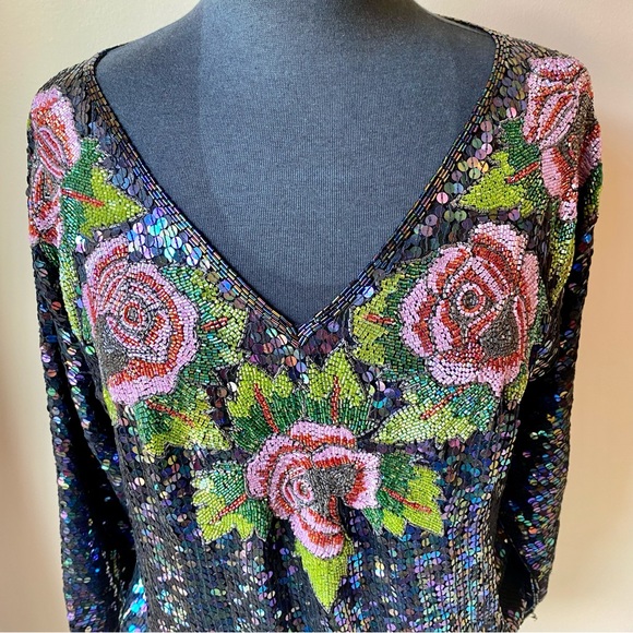 ANN GREEN Sequined Blouse Floral Rose Silk Top Black Pink Green Vintage Beaded